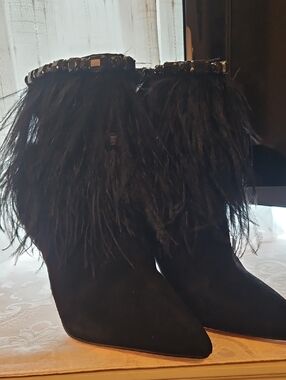 Jessica Simpson Black Feather Trim Pointed Toe Heeled Boots